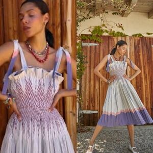 Pleated Smocked Midi Dress in Lavender and Pink